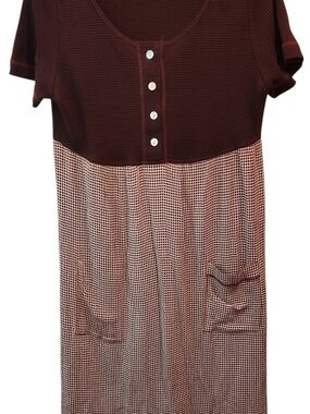 Vtg 90s Mixed Media Cottagecore Midi Dress Burgundy Knit Plaid Dress 14W.